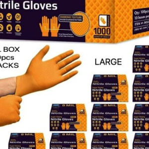 ROCKHOLD HEAVY DUTY ORANGE 8 MIL NITRILE DIAMOND GRIP GLOVES LARGE – 1000 GLOVES FULL BOX