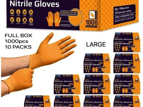 ROCKHOLD HEAVY DUTY ORANGE 8 MIL NITRILE DIAMOND GRIP GLOVES LARGE - 1000 GLOVES FULL BOX