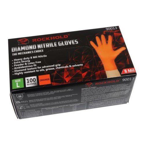 ROCKHOLD HEAVY DUTY ORANGE 8 MIL NITRILE DIAMOND GRIP GLOVES LARGE - 1000 GLOVES FULL BOX - Image 2
