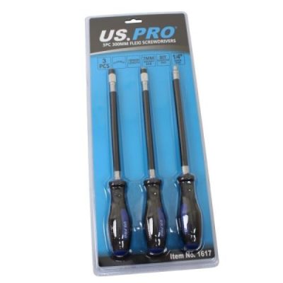 US PRO 3pc Flexible Screwdriver Set 1/4" Square & Hex Drive 7mm Socket