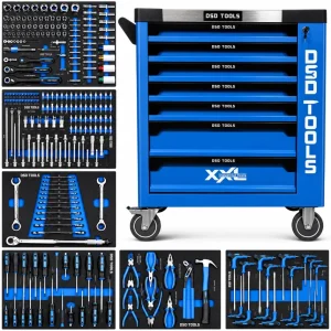 Industrial DSD Blue 7 Drawer Roller Tool Box Chest Cabinet With 6 Draws Full Of Tools With Carbon Inserts